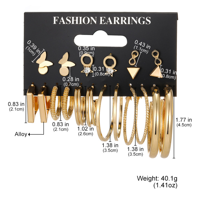 Cross-Border New Alloy Butterfly Set Earrings Fashionable Personality 8-Character Star Butterfly Circle Earrings 12-Piece Set Gold