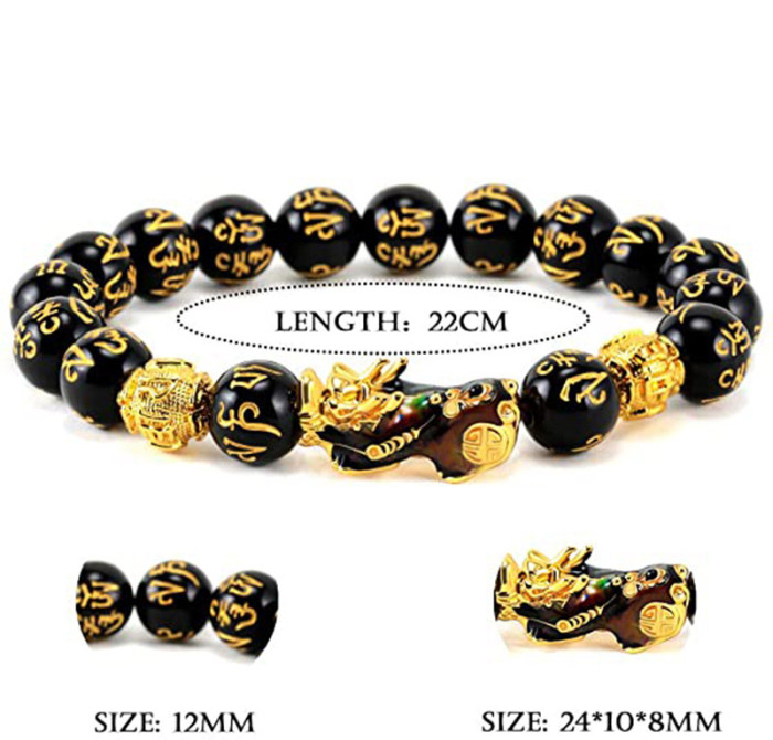 Hot-Selling 12MM Obsidian Gold Plated Pixiu Bracelet Unisex Six-Word Mantra Buddhist Bead Bracelet in Stock
