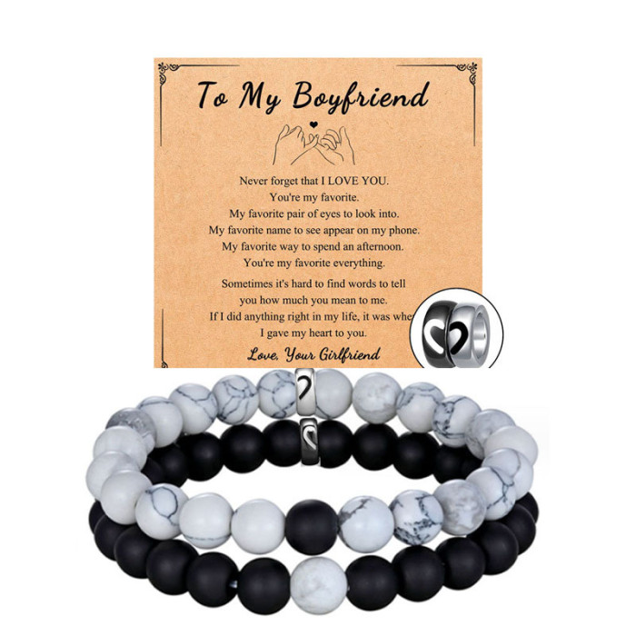 Hot-Selling White Pine Matte Bead Bracelet Set Black and White Beaded Couple Bracelets Pair of Heart Stainless Steel Beads