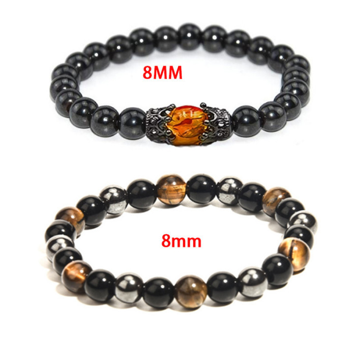 Cross-Border Hot Selling Imitation Obsidian Tiger Eye Stone White Pine Retro Alloy Crown Bracelet European and American Style Unisex Beaded Bracelet