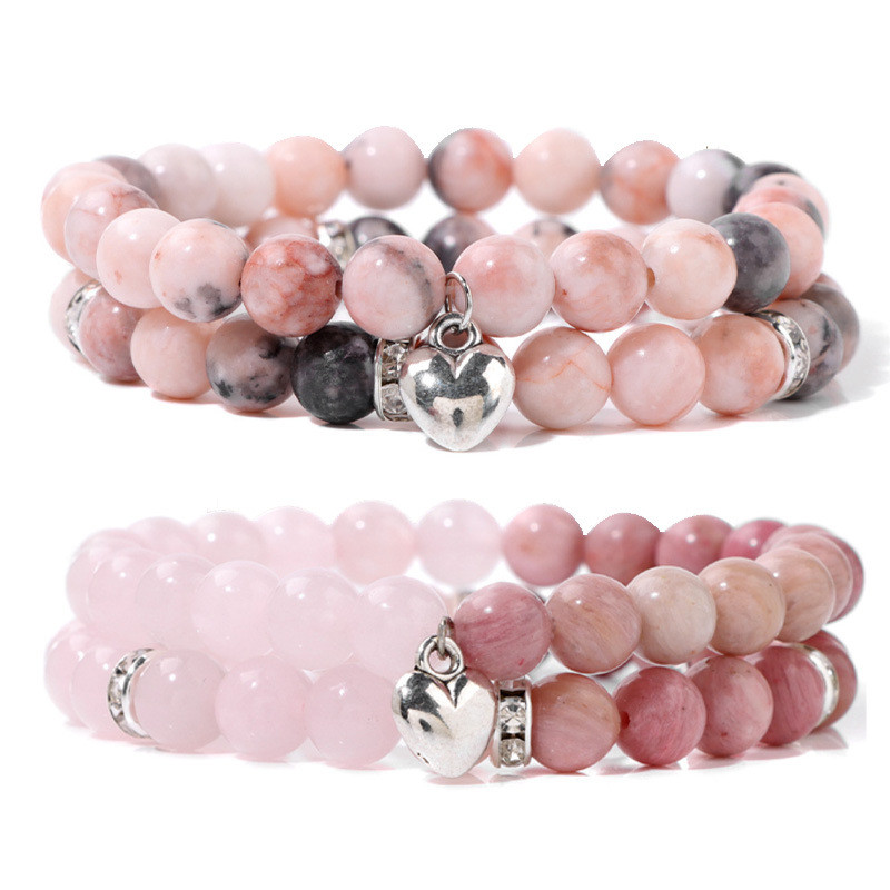 Cross-Border Hot Selling Pink Zebra Double Layer Bracelet Set Girl Gift Blue Pine Crystal Obsidian Heart Bracelet Hot Selling Water
