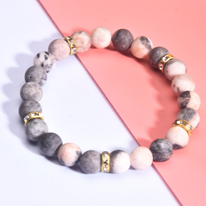 Cross-Border Hot Item 8MM Pink Zebra Inlaid Diamond Pink Spot Frosted Stone Beaded Bracelet High-End New Style Agate Amazon