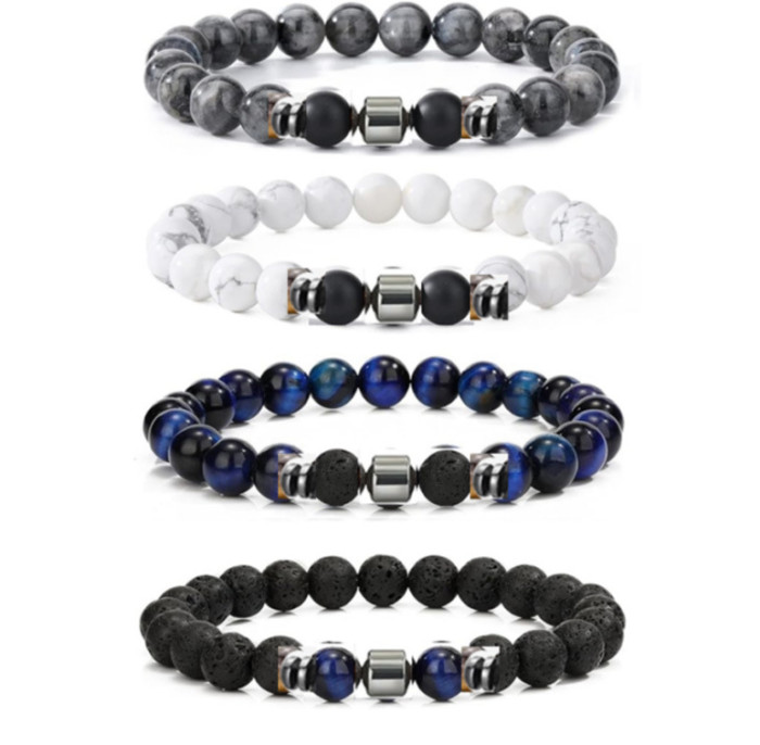 Hot-Selling Amazon European and American Men's Fashion Tiger Eye Volcanic Stone Bracelet White Pine Snowflake Bracelet Versatile Accessories