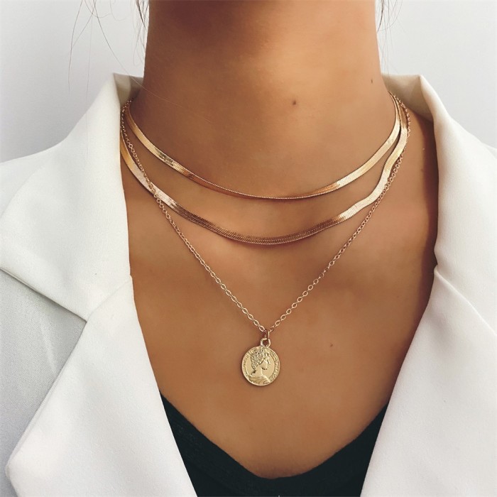 Jewelry Fashion Stone-Studded Pentagram Crescent Pendant Multi-Layer Stacking Necklace Personality Clavicle Chain N...