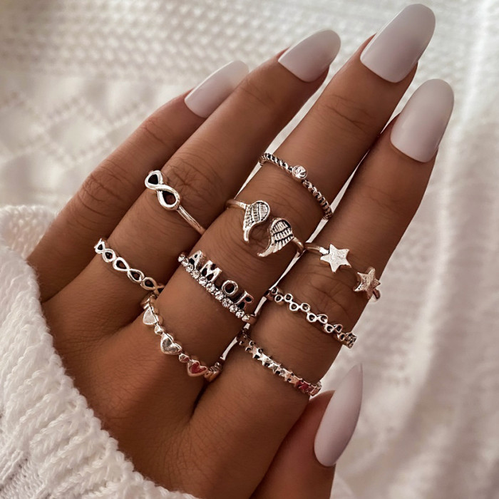 European and American Cross-Border Vintage Distressed Butterfly Snake-Shaped Ring Set Combination Open Multi-Joint Ring Set 9-Piece Set