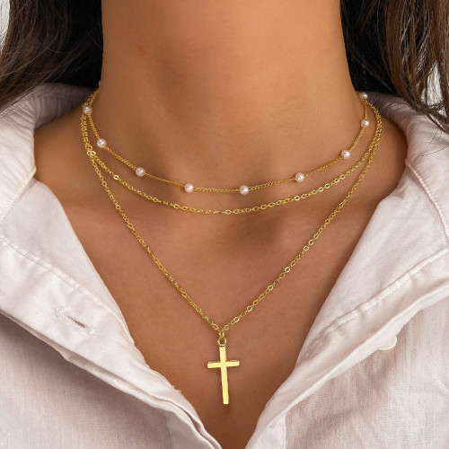 European and American Cross-Border New Artificial Pearl Choker Necklace Creative Cross Pendant Necklace Vintage Multi-Layer Stacked Necklace