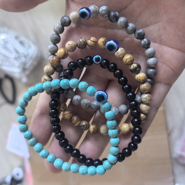 Fashion 6mm Natural Stone Bead Eye Obsidian Hematite Tiger Eye Stone White Pine Elastic Bracelet Men's Bracelet