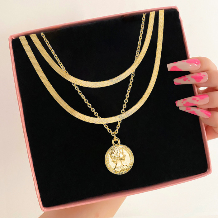 Jewelry Fashion Stone-Studded Pentagram Crescent Pendant Multi-Layer Stacking Necklace Personality Clavicle Chain N...