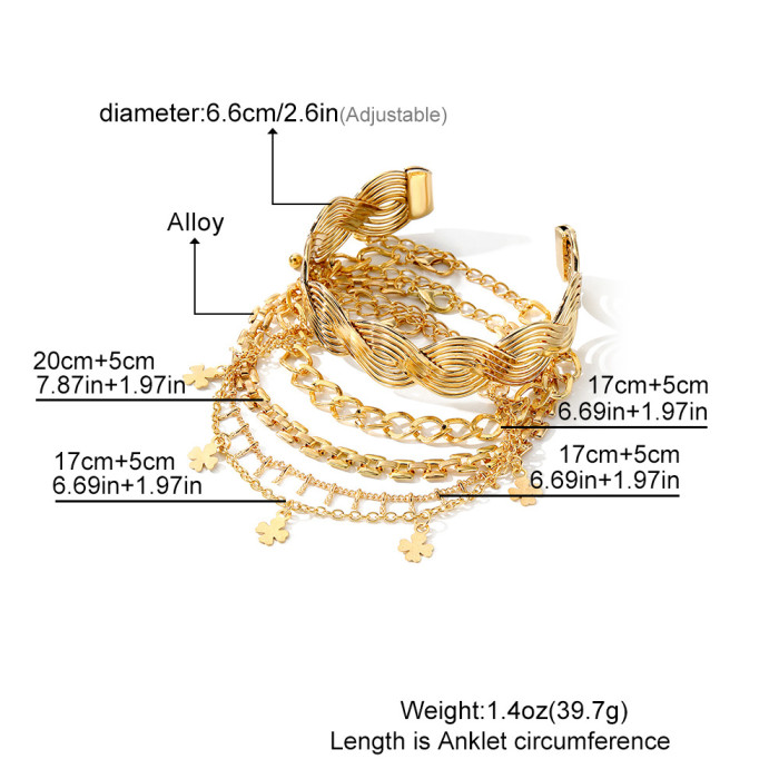 Trendy Personality Metallic Wide Open Bracelet Set Stackable Multi-Element Clover Bracelet 5 Pieces