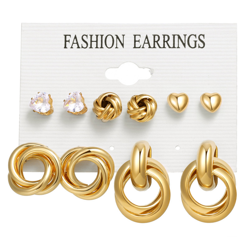 Cross-Border Hot Selling Inlaid Pearl Twist Elegant Women's Earring Set 6 Pieces Creative Vintage Gold Heart Earrings