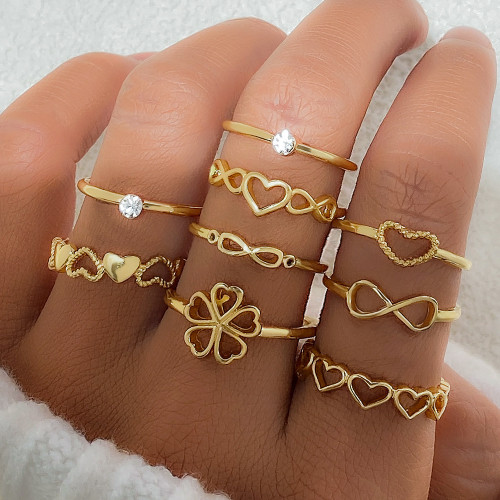 European and American Cross-Border Gold Flower Inlaid Diamond 9-Piece Set 8-Word Infinity Heart Crown Ring Alloy Women's Jewelry