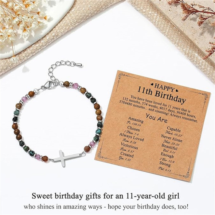 Amazon New Product 4mm Natural Stone Beaded Cross Lobster Clasp Adjustable Women's Bracelet with Card