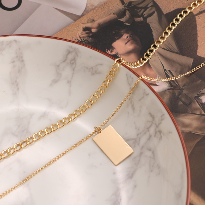 Han Jewelry Double Layer Small Square Pendant Necklace New Ins Style Multi-Layer Collarbone Chain Choker