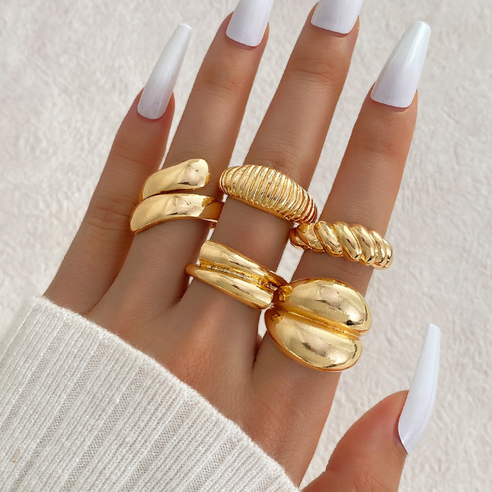 European and American Cross-Border Hot-Selling Niche Alloy Texture Smooth Ring Set Exaggerated Geometric Open Ring 5-Piece Set