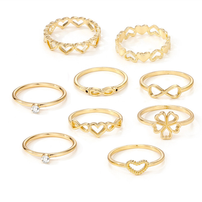 European and American Cross-Border Gold Flower Inlaid Diamond 9-Piece Set 8-Word Infinity Heart Crown Ring Alloy Women's Jewelry