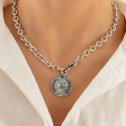 European and American Cross-Border New Jewelry Vintage Distressed Geometric Portrait Relief Necklace for Women Simple Metal Chain Choker for Women