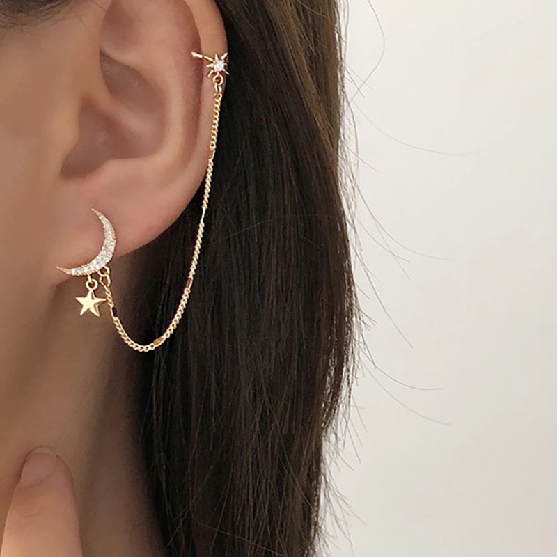 European and American New Style Star Moon Ear Clips Earrings Non-Pierced Women Creative Chain Earrings Cross-Border Ins Same Style Earrings