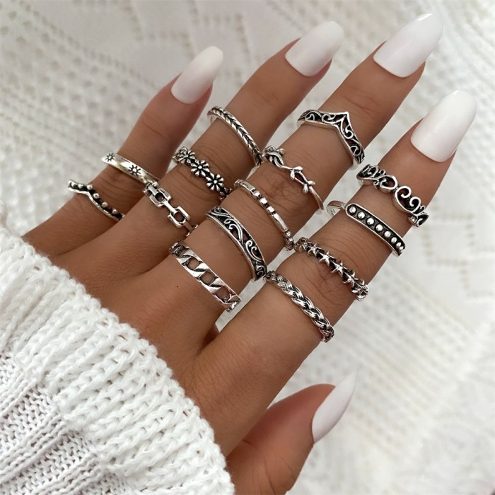 European and American Cross-Border Vintage Distressed Butterfly Snake-Shaped Ring Set Combination Open Multi-Joint Ring Set 9-Piece Set