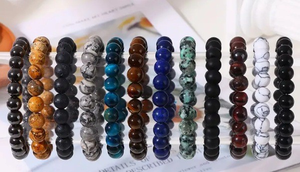 Cross-Border European and American Men's Stone Bead Bracelet Set Decorations Round Beaded Bracelet for Men and Women Agate Elastic Beaded Bracelet