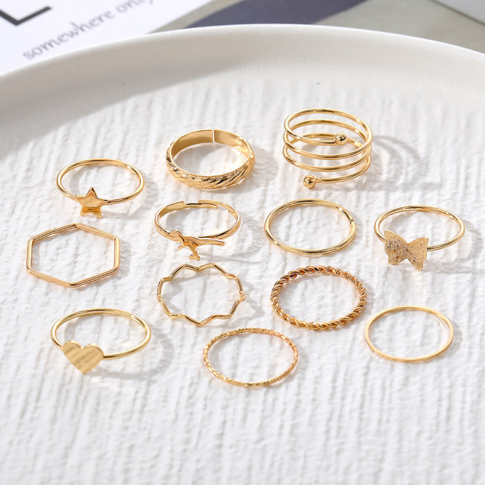 Cross-Border New Creative Small Dinosaur Butterfly Ring 12-Piece Set Combination Gold Geometric Spring Niche Alloy Ring