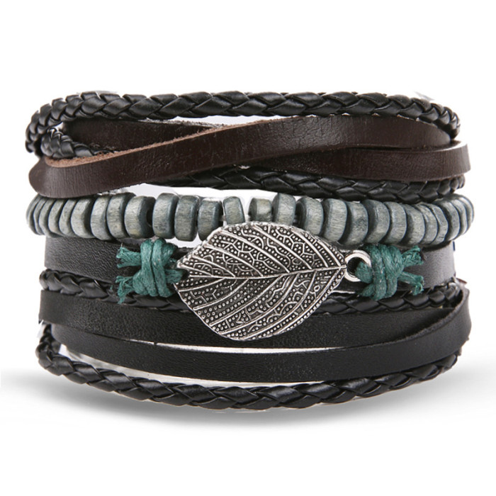 European and American Cross-Border Jewelry Simple Hand-Woven Vintage Feather Nameplate Bracelet Men's Faux Leather Bracelet Hand Accessories