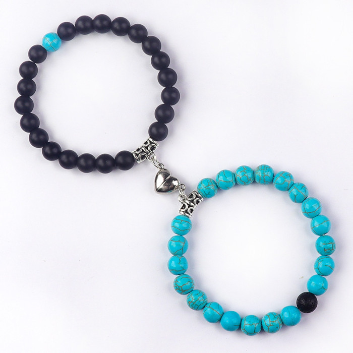 Wish AliExpress 8mm White Turquoise Couple Bracelet Matte Black Heart Magnetic Induction Turquoise Couple Bracelet
