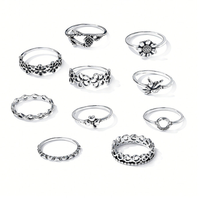 European and American Cross-Border Ring Set Irregular Long Flower Lotus Heart Joint Rings 10-Piece Set Knuckle Rings