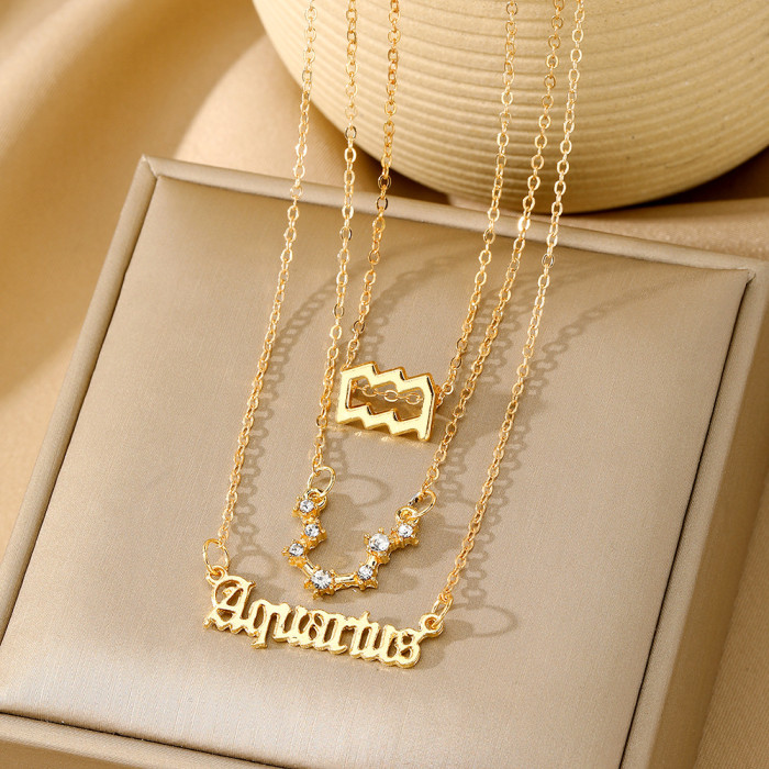 Twelve Constellations Alloy Necklace for Women, Multi-Layer 12 Zodiac Gold Stone-Inlaid Necklace Set of 3, High-End...
