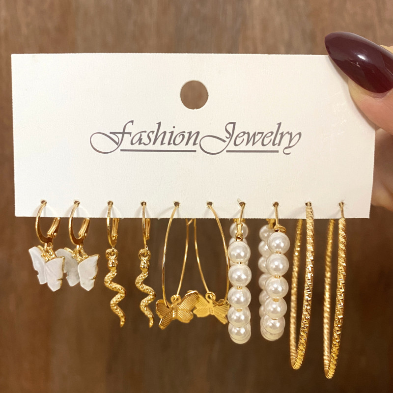 AliExpress New Pearl Fashionable Elegant Earring Set European and American Retro Butterfly Snake Shape 5-Piece Earring Studs for Women