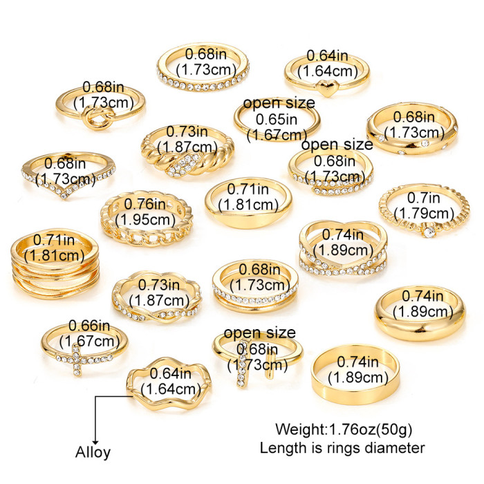 European and American Cross-Border New Style Diamond Cross Knot Heart Spiral Ring 20-Piece Set Adjustable Open Rings