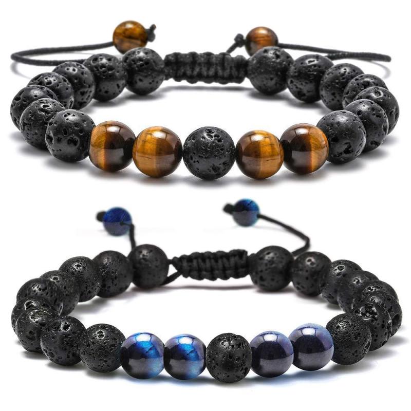 Amazon Hot Selling Tiger Eye Stone Turquoise Braided Lava Stone Adjustable Volcanic Stone Bracelet Set Cross-Border Exclusive