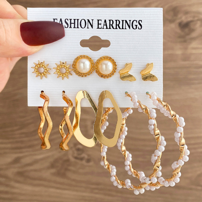 Inlaid Pearl Butterfly Stud Earrings High-End Sense Hoop Vintage Metal 6-Piece Earring Set for Women, Jewelry Sets