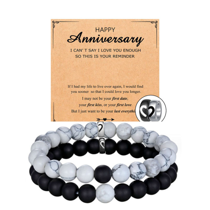 Hot-Selling White Pine Matte Bead Bracelet Set Black and White Beaded Couple Bracelets Pair of Heart Stainless Steel Beads