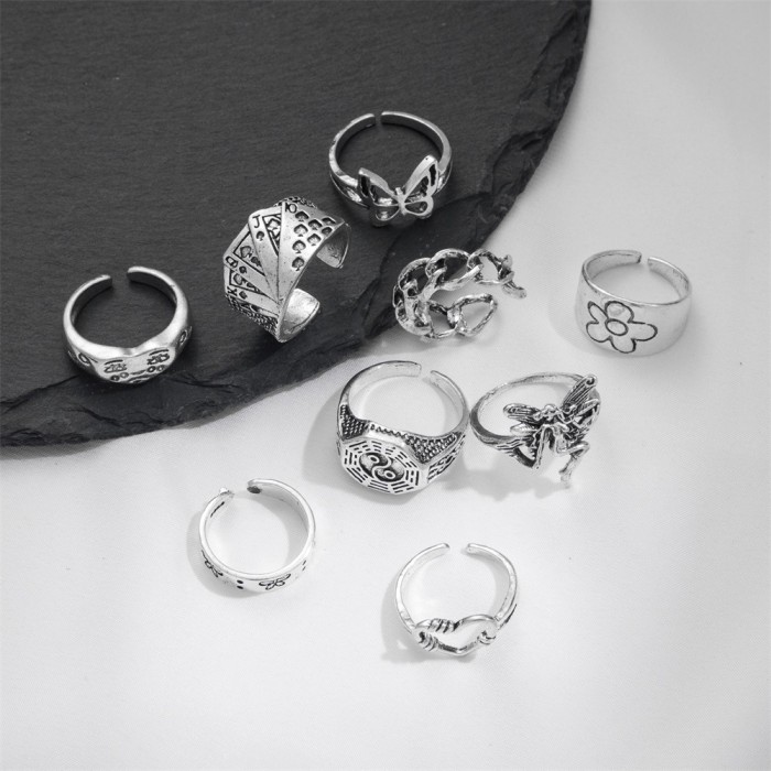 European and American Cross-Border Vintage Distressed Butterfly Snake-Shaped Ring Set Combination Open Multi-Joint Ring Set 9-Piece Set