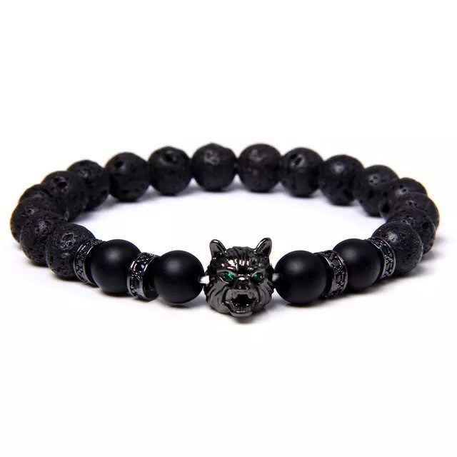 Blue Tiger Eye Bracelet Natural Stone Elastic Cord 8mm Black Matte Volcanic Stone Black Diamond Circle Wolf Head Green Tiger Eye Bracelet