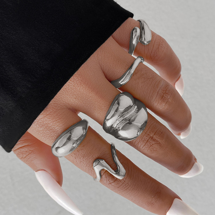 European and American Cross-Border Geometric UV Electroplated Alloy Round Rings 5-Piece Set Irregular Smooth Open Rings Set