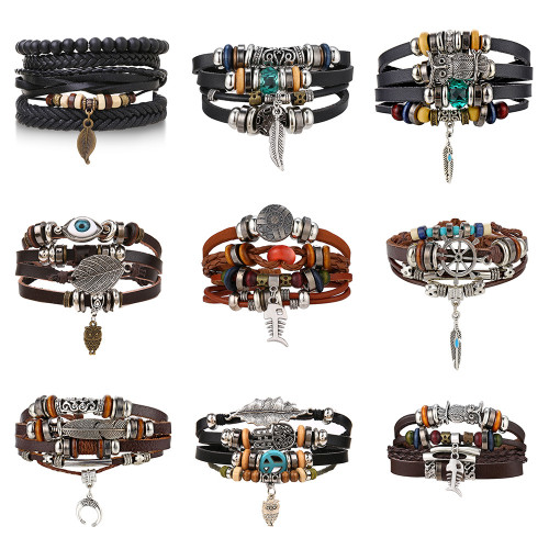Vintage Leaf Rope Woven Handmade Bead Woven Bracelet Fashionable Multi-layer Leather Bracelet Set for Men and Women