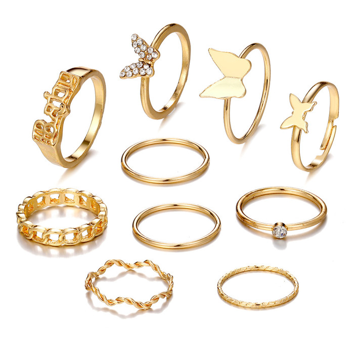 European and American 10-Piece Set Heart Alloy Rings Cross-Border Hot-Selling Butterfly Rings Open Gold Multi-Joint Ring Set