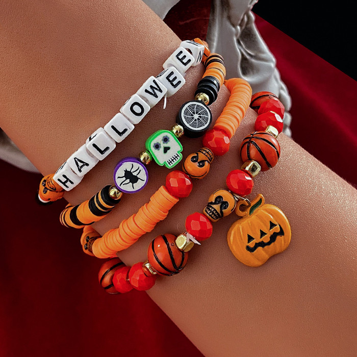 Halloween Multi-layer Bat Pumpkin Spider Hanging Bracelet Artificial Crystal Soft Clay Beaded Party Bracelet Halloween