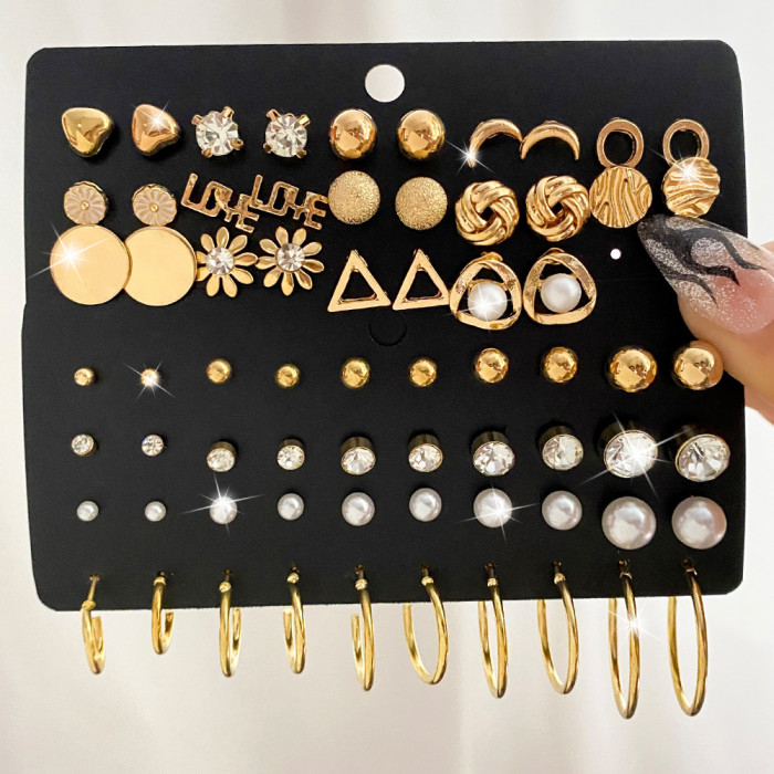 New Pearl Zircon Earrings Set 20 Pairs Creative Retro Simple Elegant Hoop Earrings Wholesale, Jewelry Sets
