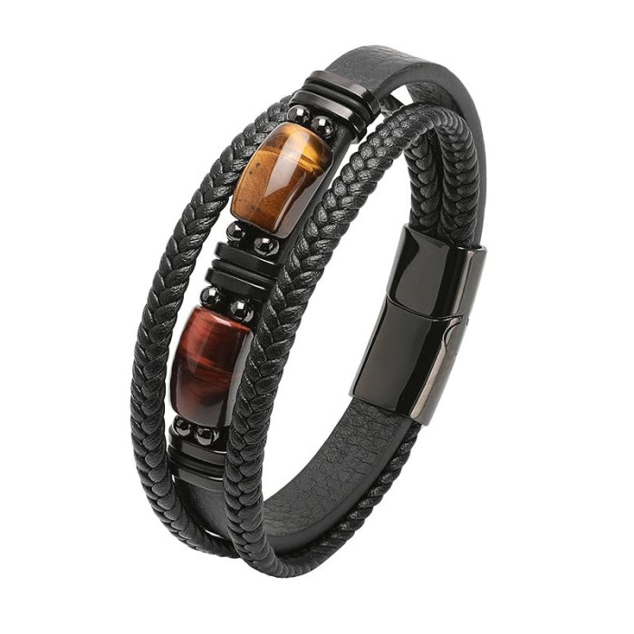 Amazon Hot-Selling Men's Retro Style Leather Bracelet European and American Hot-Selling Tiger Eye Stone Bracelet Cross-Border Stainless Steel Bracelet