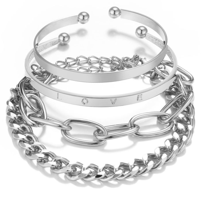 Bracelet 3-Piece Set Personality Hip-Hop Punk Style LOVE Flat Snake Bone Chain Multi-Layer Thick Chain, Jewelry Sets
