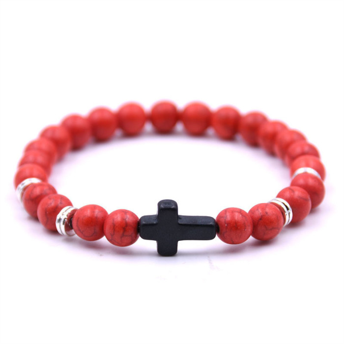 European and American Agate Stone Cross Bracelet Tiger Eye Stone Volcanic Stone Bracelet Fashion Turquoise Jewelry Frosted Hand Accessories In Stock