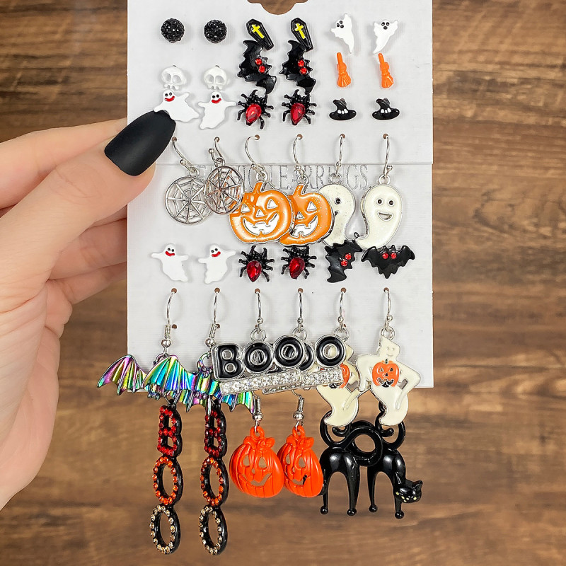 Cross-Border Halloween Horror Funny Earrings Alloy Diamond Skull Pumpkin Cat Spider Web Ghost Earrings