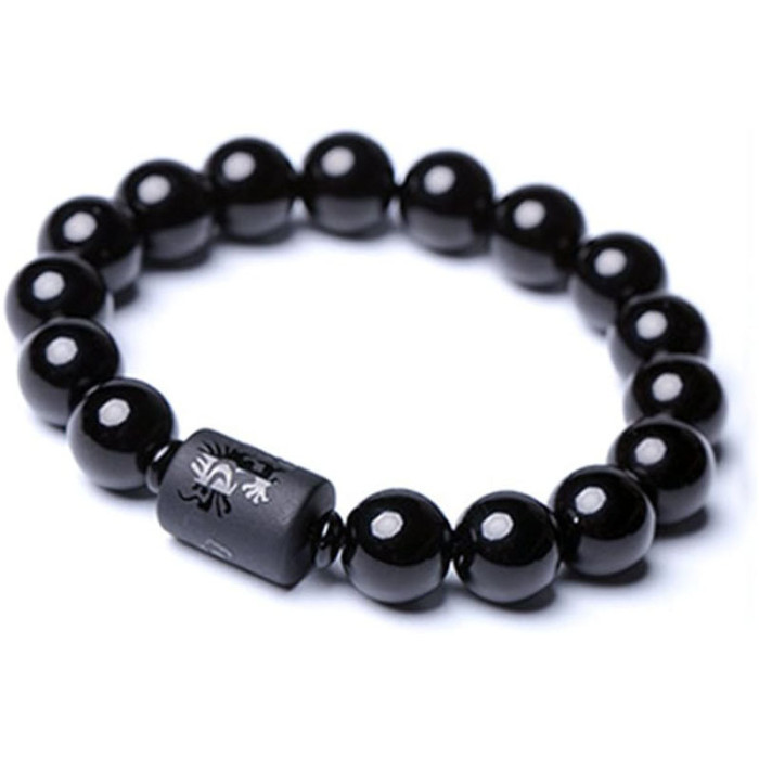 Natural Black Gold Obsidian Dragon and Phoenix Barrel Beads Bracelet for Men and Women, New Student Black Gold Agate Bracelet Gift