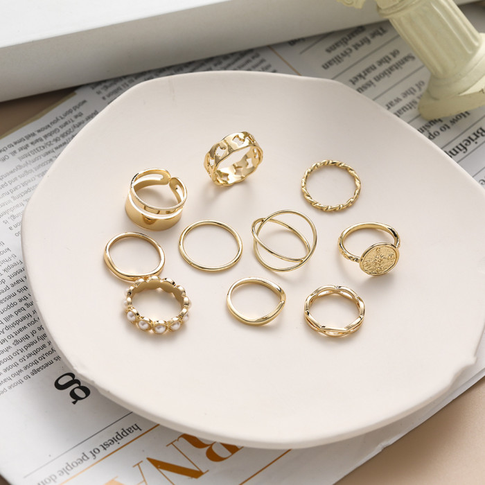 European and American Cross-Border Amazon Hot-Selling Creative Diamond-Studded Butterfly Pearl Ring Heart Oil-Drip Ring 27-Piece Set