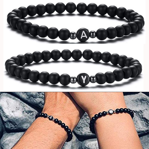 Wish Hot Sale 6MM Black Matte Imitation Obsidian Beads 26 Letter Bracelet Personalized Couple Jewelry Cross-Border