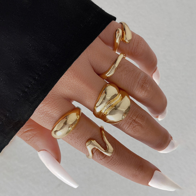European and American Cross-Border Geometric UV Electroplated Alloy Round Rings 5-Piece Set Irregular Smooth Open Rings Set