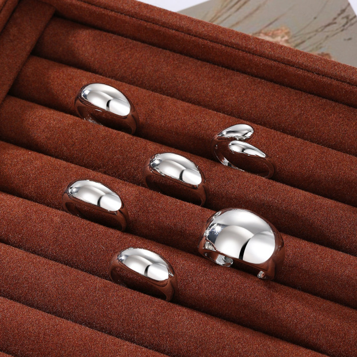European and American Cross-Border Geometric UV Electroplated CCB Material Oval Ring 6-Piece Set Irregular Smooth Open Ring Set