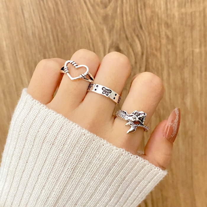 European and American Cross-Border Vintage Distressed Butterfly Snake-Shaped Ring Set Combination Open Multi-Joint Ring Set 9-Piece Set